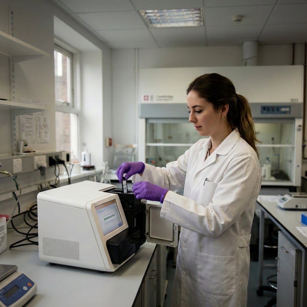 Female lab technician operating an Illumina sequencer in a Cambridge-style genomics laboratory.