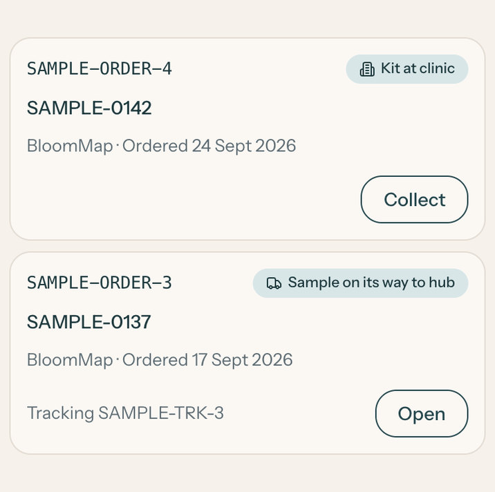 Screenshot of the clinician portal on a phone, with two sample orders for BloomMap, the endometrial microbiome test. The first reads Kit at clinic, with a Collect button. The second reads Sample on its way to hub, with its courier tracking reference.