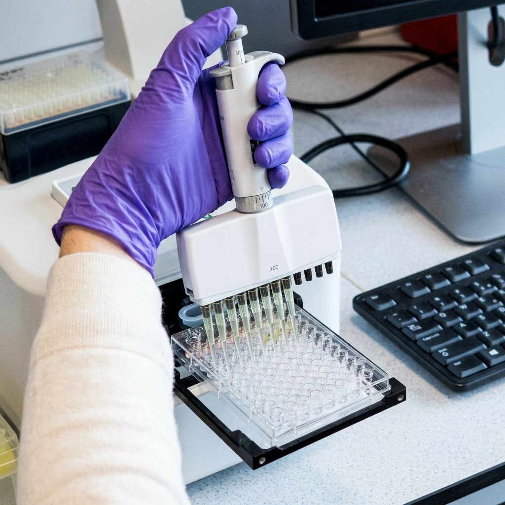 Multichannel pipette dispensing into a 96-well plate during library preparation.
